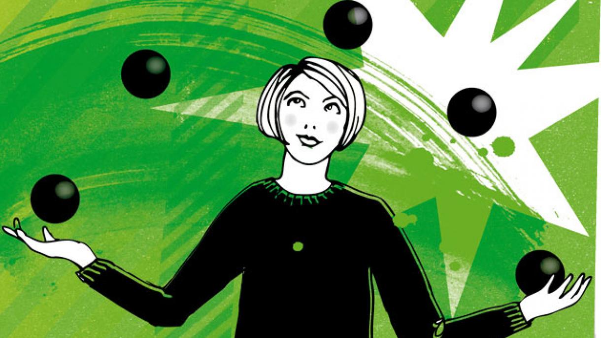 Bild von einer Frau, die mit 5 Bällen jongliert