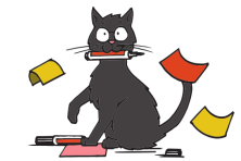 eine illustrierte Katze mit Papier und Stift